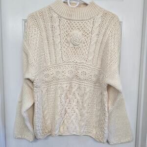 NWT Vintage Hand Knit Chunky Flower Cable Sweater L Cottage Boho Cream Grandma